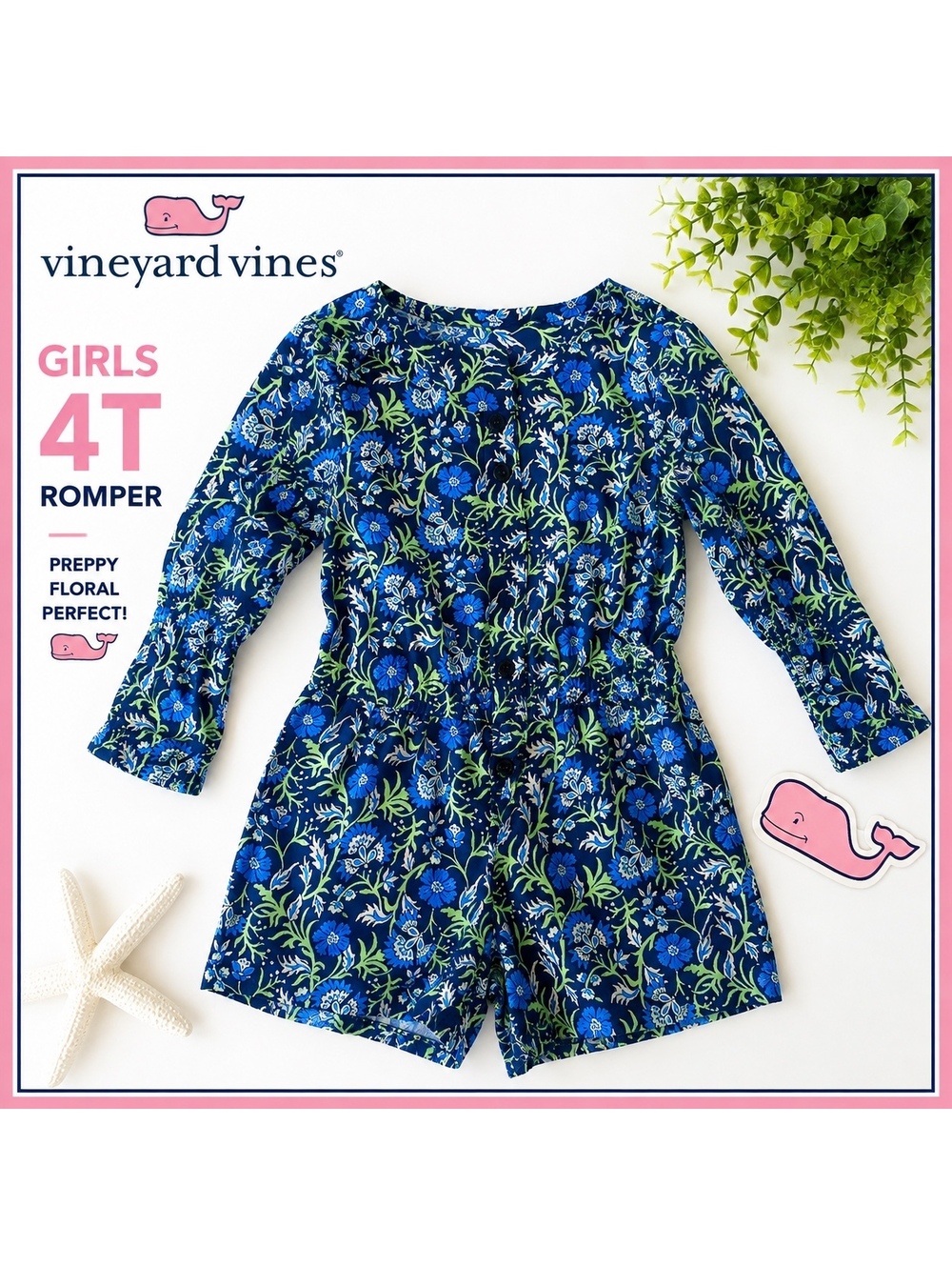 Vineyard Vines Girls 4T Blue Floral Long Sleeve Romper